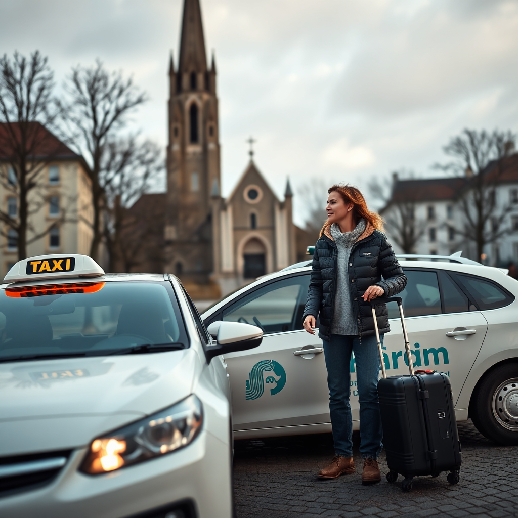 Create a 4K high-quality image representing Borgarbílastöðin.Ehf. The scene should depict a friendly taxi driver assisting a tourist with their luggage in front of the iconic Hallgrímskirkja church in Reykjavik. The lighting is soft and natural, highlighting the warm interaction between the driver and the tourist. The taxi is clean and modern, featuring the company logo prominently. Use a slightly elevated camera angle to showcase the scene and the background. The color palette should be warm and inviting, with natural tones dominating. Focus on texture details like the cobblestone streets and the intricate architecture of the church. The overall style should be photorealistic, emphasizing the human connection and the beauty of Reykjavik.