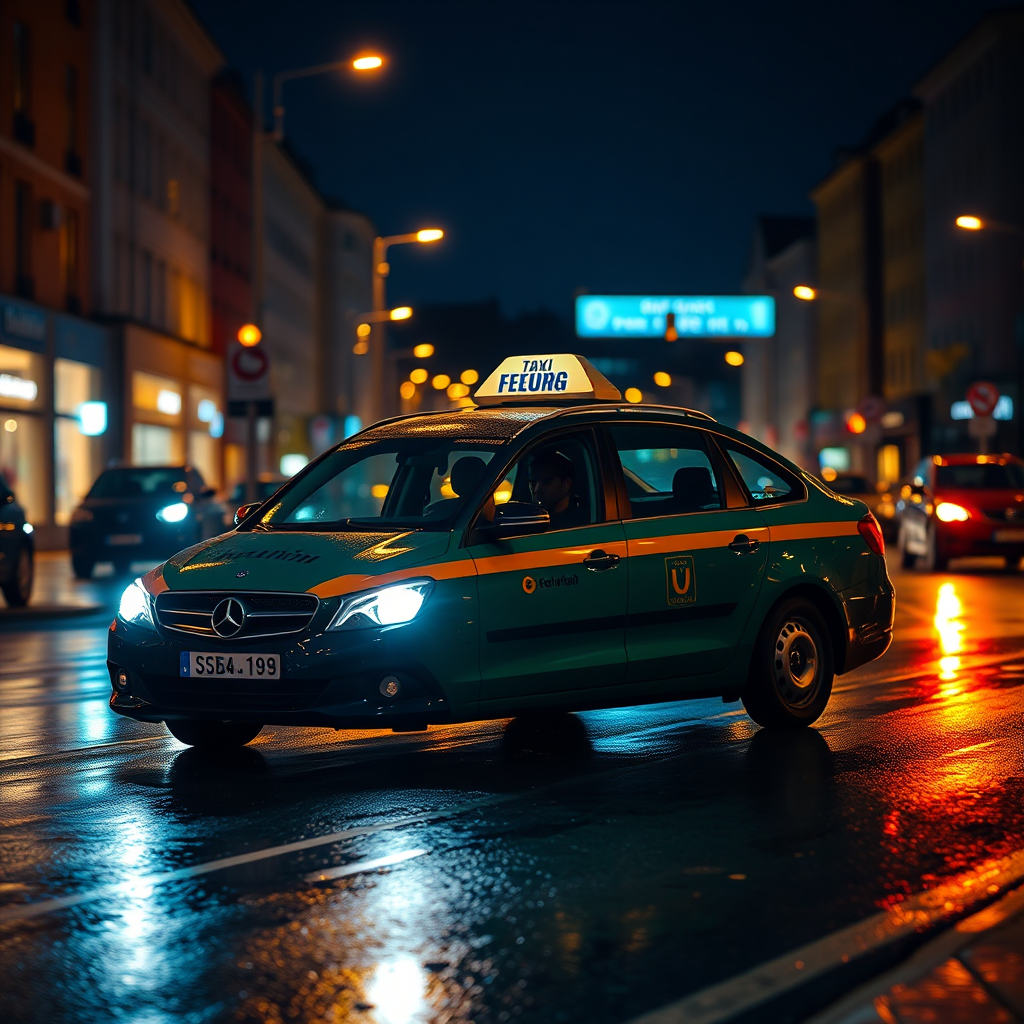 Create a photorealistic image of a Borgarbílastöðin.Ehf taxi driving through Reykjavik at night. The city lights are reflecting off the wet pavement, creating a vibrant scene. The lighting is warm and inviting, suggesting safety and reliability. The camera angle is slightly low, capturing the taxi from a dynamic perspective. The color palette is a mix of blues, yellows, and oranges, representing the night lights of the city. Texture details should include the wet pavement and the glowing lights. Style reference: night photography.