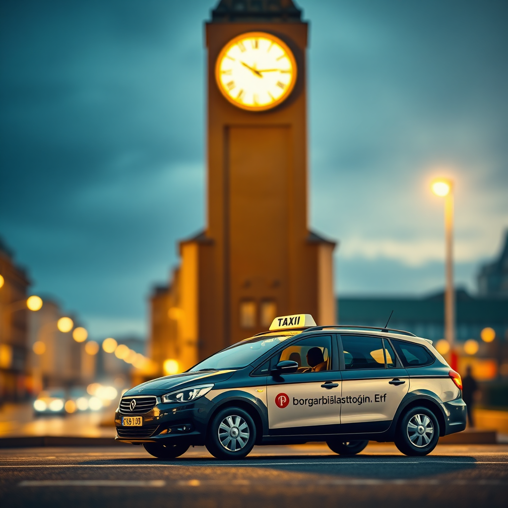 Create a stylized image depicting a clock tower in Reykjavik with a Borgarbílastöðin.Ehf taxi waiting patiently nearby. The clock tower is brightly lit, showing the correct time. The taxi is clean and modern, subtly placed to indicate reliability. The background is a blurred cityscape, suggesting a busy schedule. The lighting is warm and inviting, creating a sense of trust. The camera angle is slightly low, emphasizing the height of the clock tower. The color palette is a mix of warm yellows, blues, and grays. Style reference: architectural photography with a touch of minimalist design.