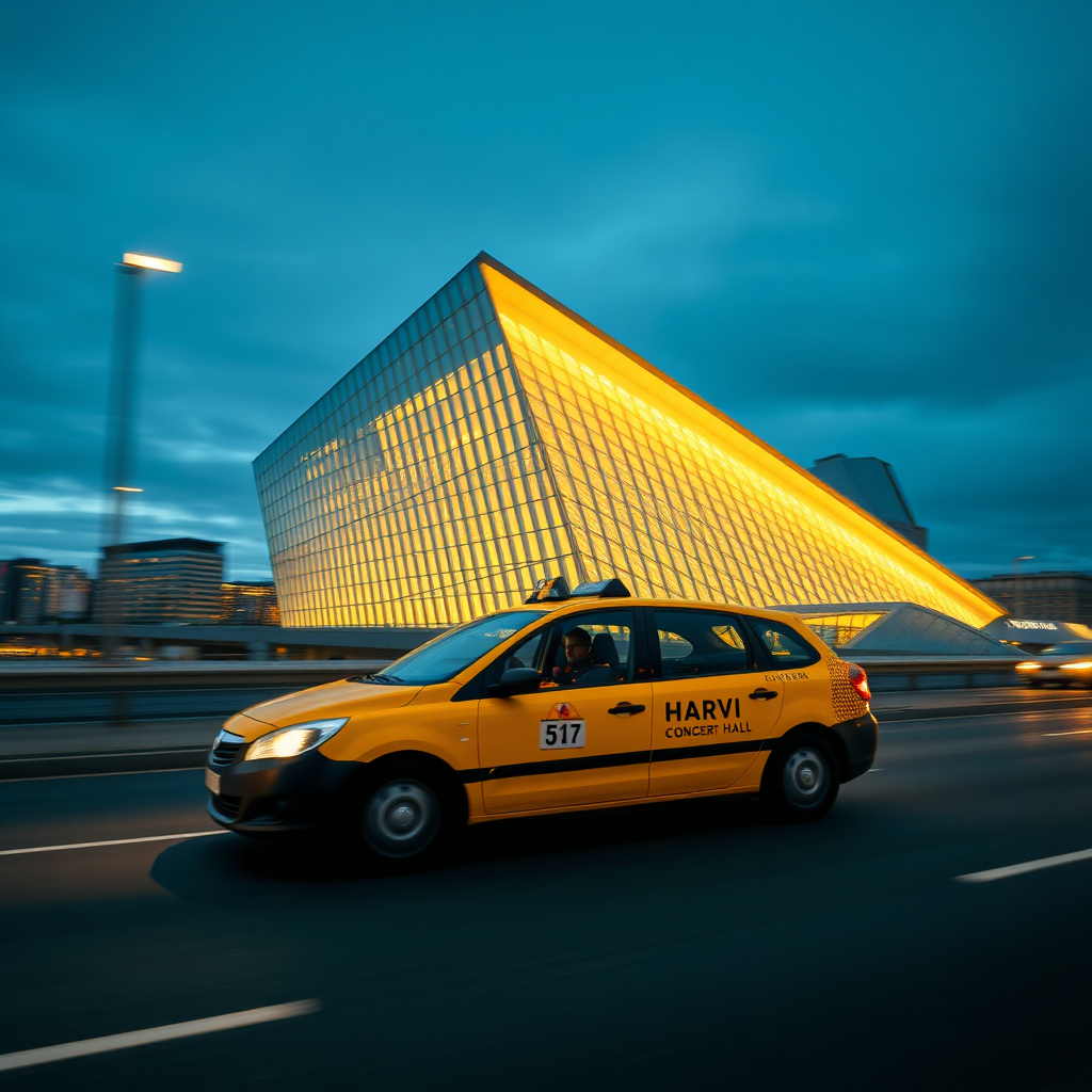 Create a stylized image of a Borgarbílastöðin.Ehf taxi driving past the Harpa Concert Hall in Reykjavik. The concert hall is brightly lit, showcasing its unique architecture. The taxi is subtly placed, indicating its role in city exploration. The background is a blurred cityscape, suggesting the vibrant city life. The lighting is warm and inviting, creating a sense of discovery. The camera angle is slightly low, emphasizing the height of the concert hall. The color palette is a mix of warm yellows, blues, and grays. Style reference: architectural photography with a touch of minimalist design.