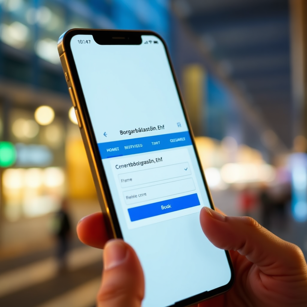 Create a stylized image of a smartphone displaying the Borgarbílastöðin.Ehf website booking page. The website interface is clean and user-friendly, with a clear call-to-action. The background is a blurred cityscape, suggesting the convenience of online booking. The lighting is bright and modern, creating a sense of technology. The camera angle is close-up, focusing on the smartphone screen. The color palette is a mix of blues, whites, and greens, representing the modern design of the website. Style reference: UI/UX design with a touch of minimalist aesthetic.