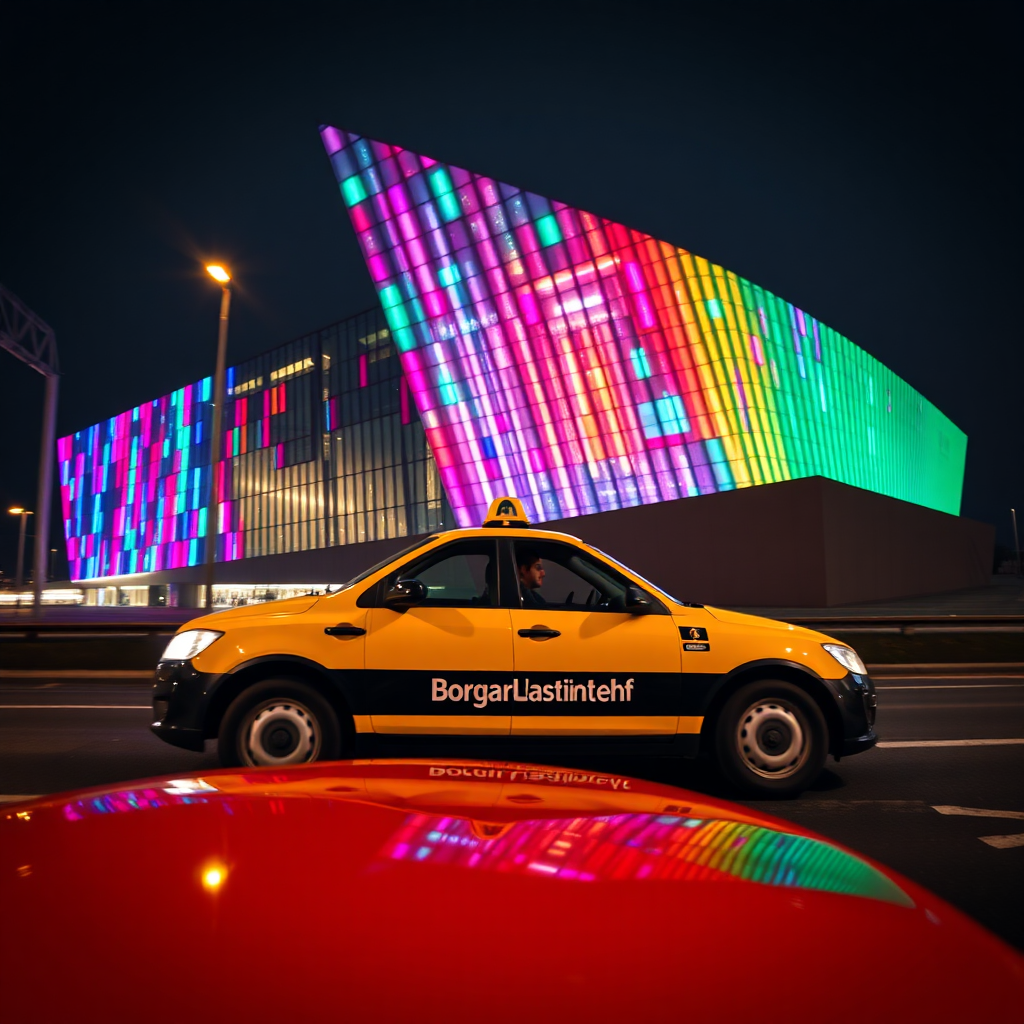 Create a vibrant image showcasing a Borgarbílastöðin.Ehf taxi passing by the Harpa Concert Hall in Reykjavik. The hall should be illuminated with colorful lights, reflecting on the taxi's surface. The composition should highlight both the modern architecture of Harpa and the taxi as a symbol of convenient city exploration. The lighting should be dynamic, capturing the energy of Reykjavik at night. Use a wide-angle lens to encompass the scene's grandeur.